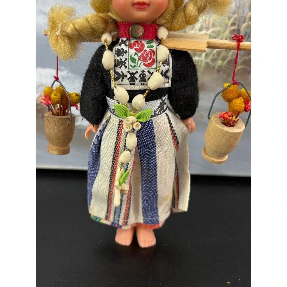 Vintage Dutch Souvenir Doll Traditional Netherlands Folk Dress Yoke Buckets 7in